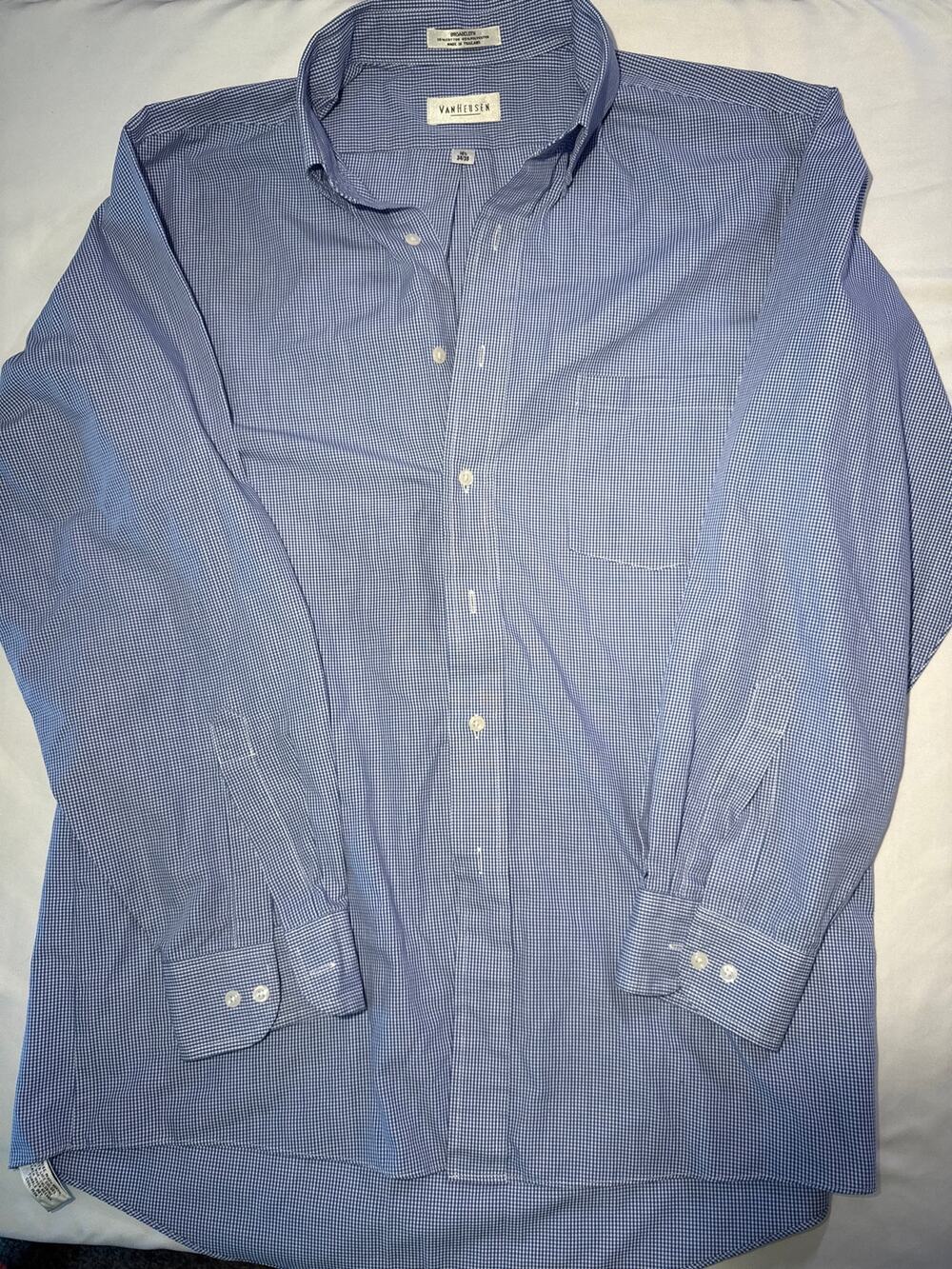 Van Heusen Men’s Dress Shirt 16.5 34/35 Blue White Gingham Check Long Sleeve